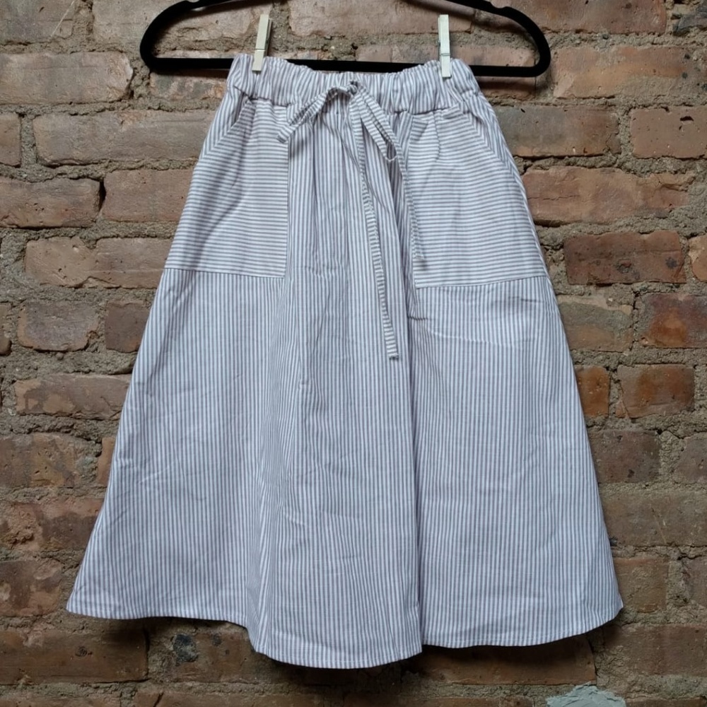 White and Cream Striped Midi Skirt With Pockets
